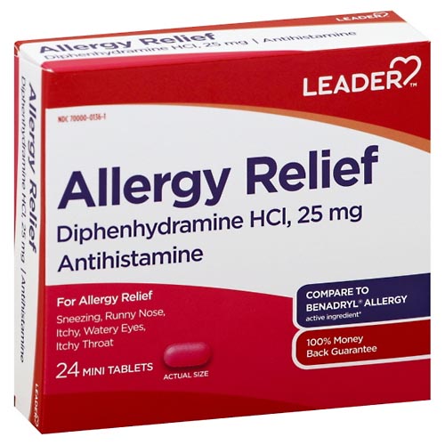 Image for Leader Allergy Relief, 25 mg, Mini Tablets,24ea from Cantu's Rx Online